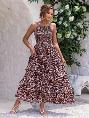 Summer Sexy Fashion Casual Leopard Print Straps A-Line Long Dress