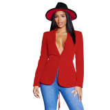Fashion Women's Sexy V Neck Blazer Solid Color Long Sleeve Coat