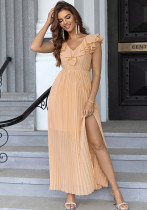 Summer Fashion Ruffled V-Neck Slit Pleated Long Dress