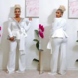 Fashion Women's Solid Color Long-Sleeved Trousers Jacket Suit Two-Piece Set