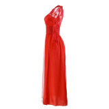 Autumn Women's Red Long Sleeve Lace See-Through Evening Gown