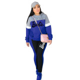 Letter Print Contrast Color Block Fall/Winter Fashion Casual Hooded Women's Two-Piece Tracksuit Set