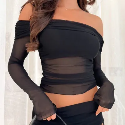 Autumn See-Through Mesh Off Shoulder Long-Sleeved Women Top