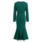 Plus Size Women V Neck Long Sleeve Fishtail Dress