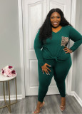 Plus Size Women Casual Leopard Print Pocket Top and Pant Two-piece Set