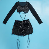 Women Sexy Patchwork Beaded Lace-Up Long Sleeve Crop Top and Shorts Two-piece Set