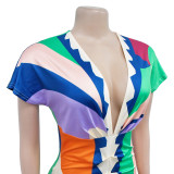 Women v-neck printed slit pleated dress