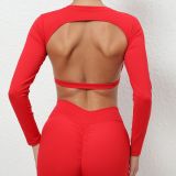 Women Backless Sports Running Quick-Drying Yoga Wear with Bra Pad Long Sleeve Top