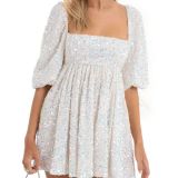 Plus Size Women Sequin Summer Casual Round Neck Short Sleeve Solid Dress