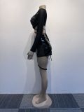 Women Sexy Patchwork Beaded Lace-Up Long Sleeve Crop Top and Shorts Two-piece Set