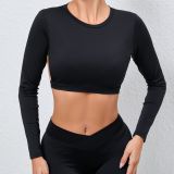 Women Backless Sports Running Quick-Drying Yoga Wear with Bra Pad Long Sleeve Top