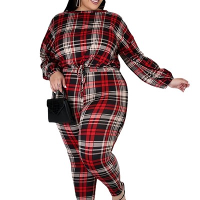 Plus Size Women Plaid Print Long Sleeve Top and Pant Two-piece Set
