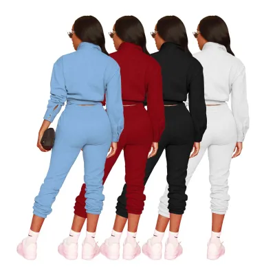 Women Autumn and Winter Solid Stretch Button-Down Shirt and Pants Two-piece Set