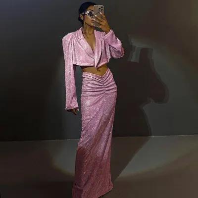 Autumn Style Fashionable Sparkling Pleated Bodycon Suit, Fshoulder Pad Coat Skirt Two Piece Set