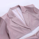 Autumn Style Fashionable Sparkling Pleated Bodycon Suit, Fshoulder Pad Coat Skirt Two Piece Set