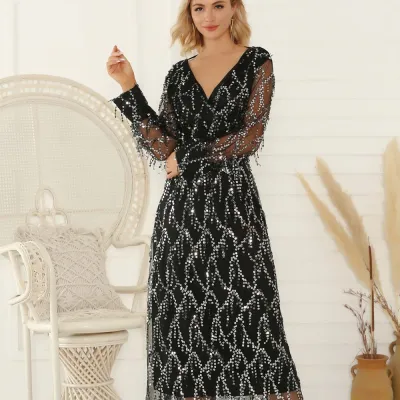 Sexy V-Neck Fringed Sequin Dress For Women