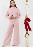Women Casual Lounge Clothes Loose Sherpa Long Sleeve Top and Pant Two-piece Set