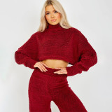 Women Casual Lounge Clothes Loose Sherpa Long Sleeve Top and Pant Two-piece Set