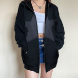 Women Street Fashion Pentagram Zipper Big Pocket Loose Hoodies