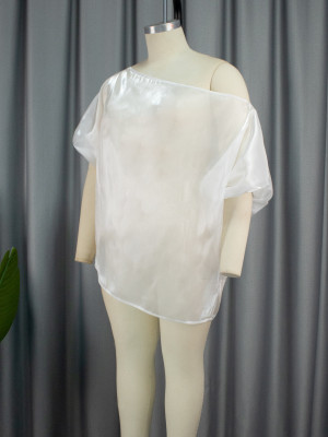 Women Slash Shoulder Off Shoulder See-Through Lantern Sleeve Top