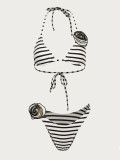 Women Striped Sexy Flower Bikini Swimwear Two Pieces