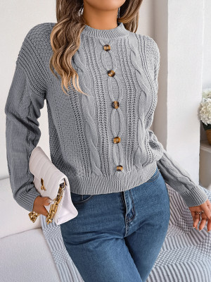 Women Casual Solid Button Long Sleeve Sweater