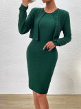 Women Elegant Long Sleeve Top and Round Neck Bodycon Dress Two-piece Set