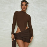 Women Autumn Half Turtle Neck Long Sleeve Bodysuit and Pleated Lace-Up Mini Skirt Two-piece Set