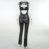 Women Autumn Sexy Lace Hollow Print See-Through Jumpsuit