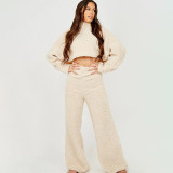 Women Casual Lounge Clothes Loose Sherpa Long Sleeve Top and Pant Two-piece Set