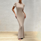 Women Elegant Solid Round Neck Short Sleeve Dress