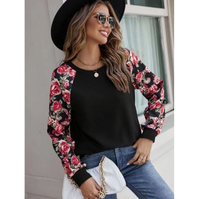 Autumn Printed Patchwork Fashionable And Versatile Casual Round Neck Long Sleeve T-Shirt Women's Clothing