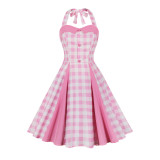 Women's Summer Slim Waist Sweet Halter Neck Straps Pink Plaid Dress