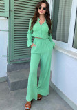 Women's Autumn And Winter Embossed Style Short Shirt High Waisted Wide Leg Elastic Pants Two-Piece Set