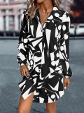 Autumn And Winter Women's Turndown Collar Lantern Sleeve Printed Dress