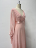 Pink Chiffon Dress Lace-Up Long Sleeves V-Neck Patchwork Elastic Waist Full Swing Evening Dress