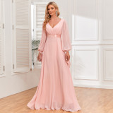 Pink Chiffon Dress Lace-Up Long Sleeves V-Neck Patchwork Elastic Waist Full Swing Evening Dress