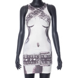 Women's Autumn Fashion Casual Body Print Sleeveless Slim Round Neck Short Dress