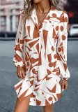 Autumn And Winter Women's Turndown Collar Lantern Sleeve Printed Dress