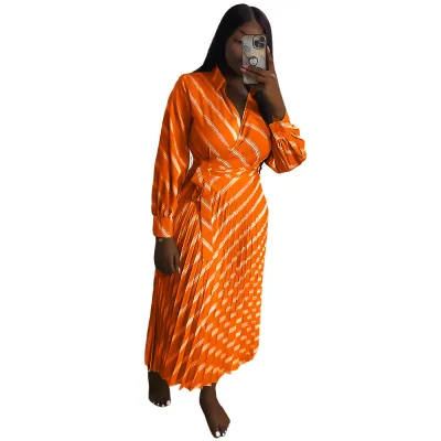 Striped Turndown Collar Casual Summer Women's Pleated Slim Waist Long Dress