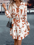 Autumn And Winter Women's Turndown Collar Lantern Sleeve Printed Dress