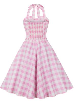 Women's Summer Slim Waist Sweet Halter Neck Straps Pink Plaid Dress