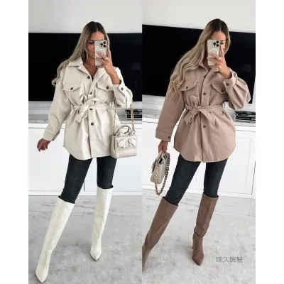 Women Lace-Up Solid Wool Jacket