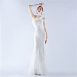 Women ostrich feather mesh sequin evening dress