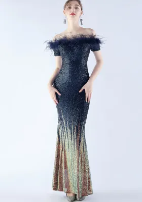 Women craft ostrich feather gradient sequins Off Shoulder evening dress
