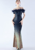 Women craft ostrich feather gradient sequins Off Shoulder evening dress
