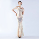 Women Sequined Ostrich Feather Slash Shoulder Evening Gown