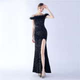 Women Sequined Ostrich Feather Off Shoulder Evening Gown