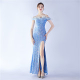 Women Sequined Ostrich Feather Off Shoulder Evening Gown