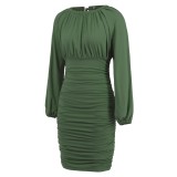 Women Sexy Lace-up Pleated Long Sleeve Dress
